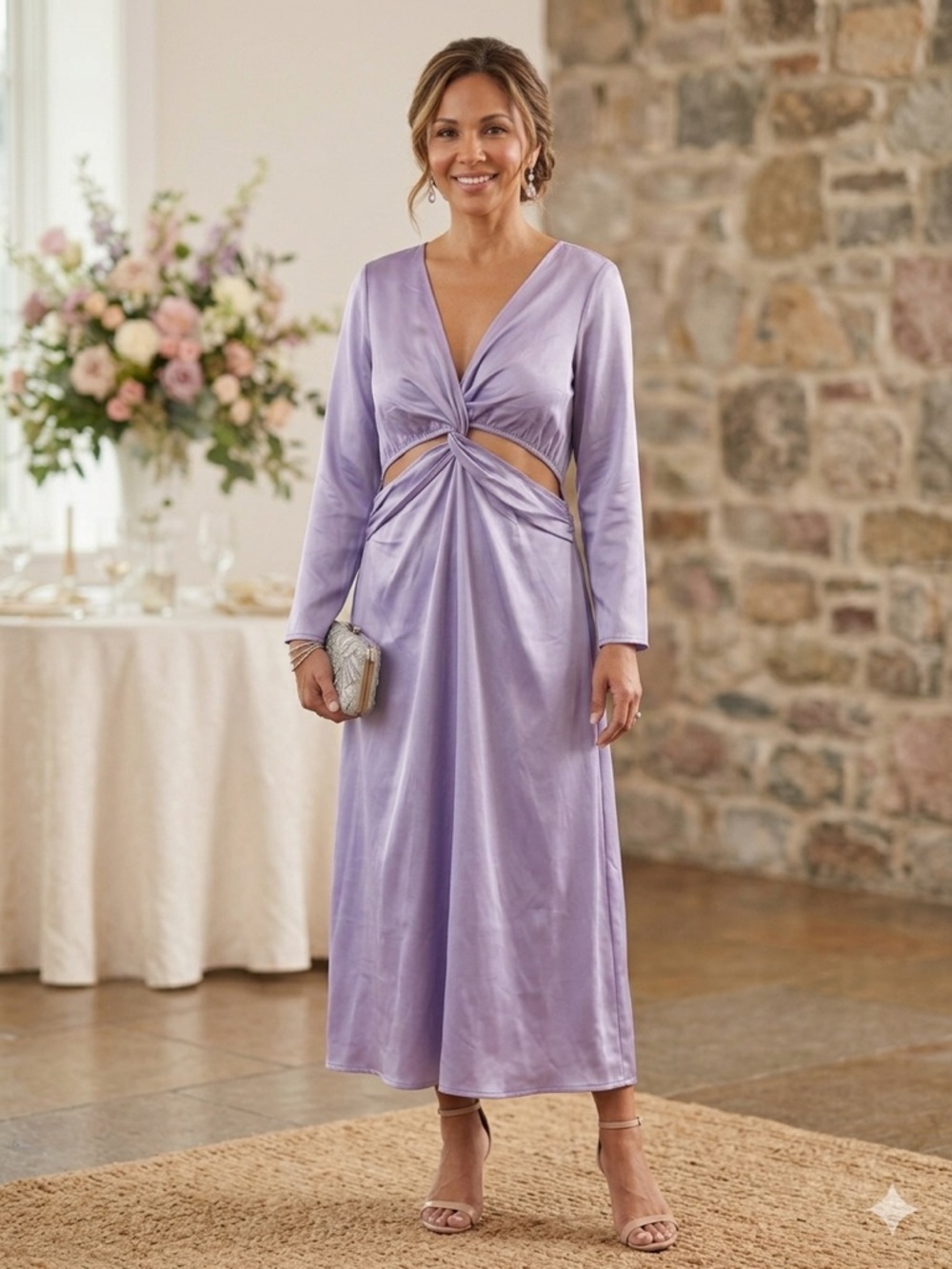 The Drop Lilac Satin Twist-Front Midi Dress NWT